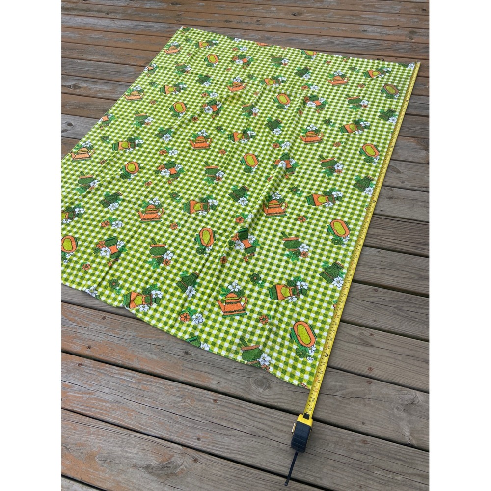 Vintage Terry Tablecloth Picnic Blanket Green Gingham Garden H2O Can Daisy 64x47